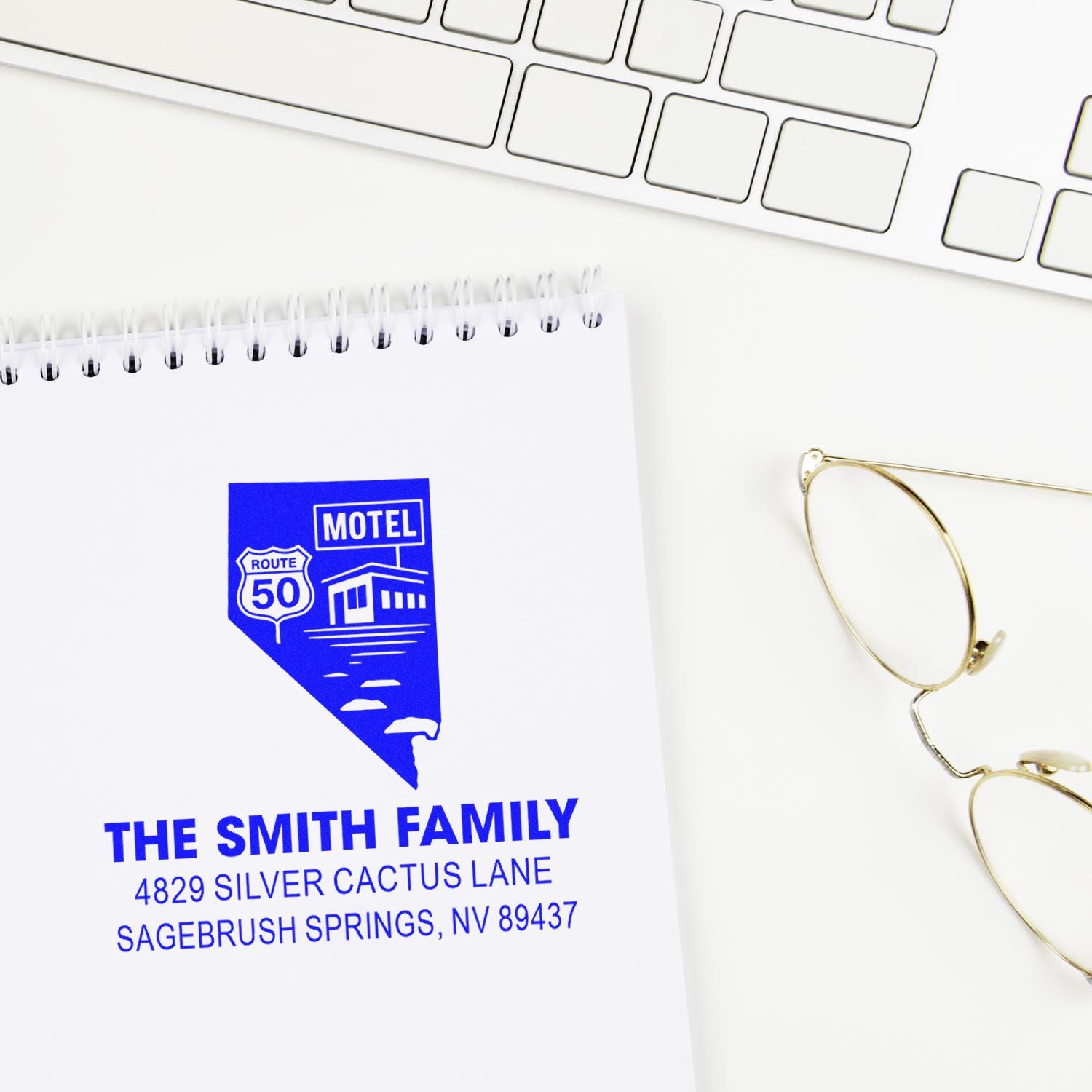 Personalized return address rubber stamp with Route 50 motel design for The Smith Family in Sagebrush Springs, NV.