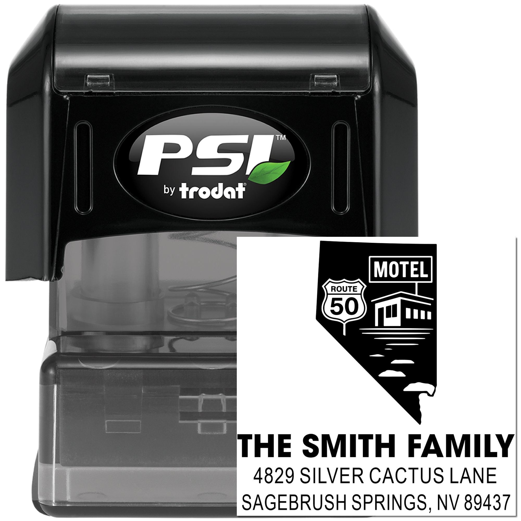 Custom PSI Trodat self-inking address rubber stamp with motel-themed return address design for The Smith Family, NV.