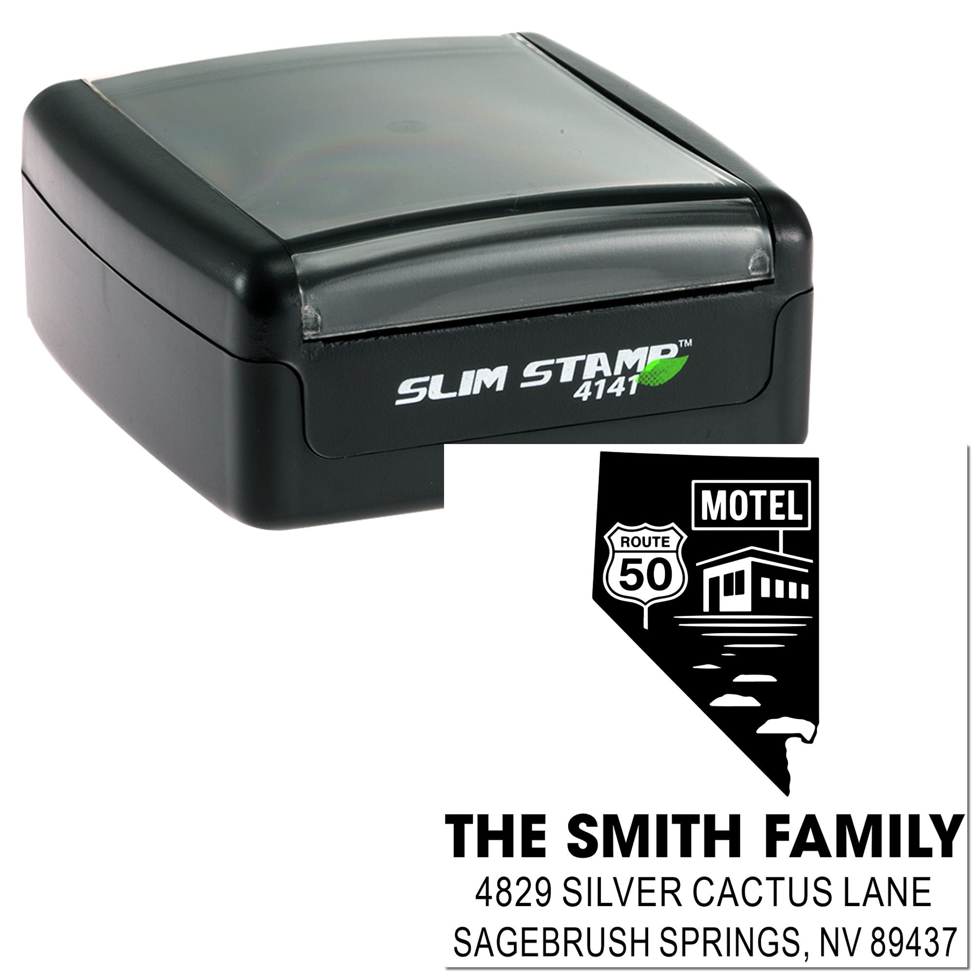 Custom rubber stamp for a return address, featuring a Route 50 motel design for The Smith Family in Sagebrush Springs, NV.
