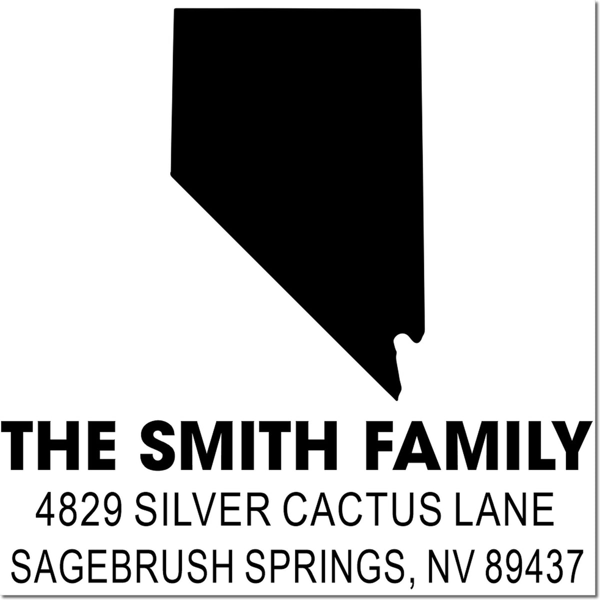 Custom Nevada return address rubber stamp for The Smith Family, 4829 Silver Cactus Lane, Sagebrush Springs, NV 89437.