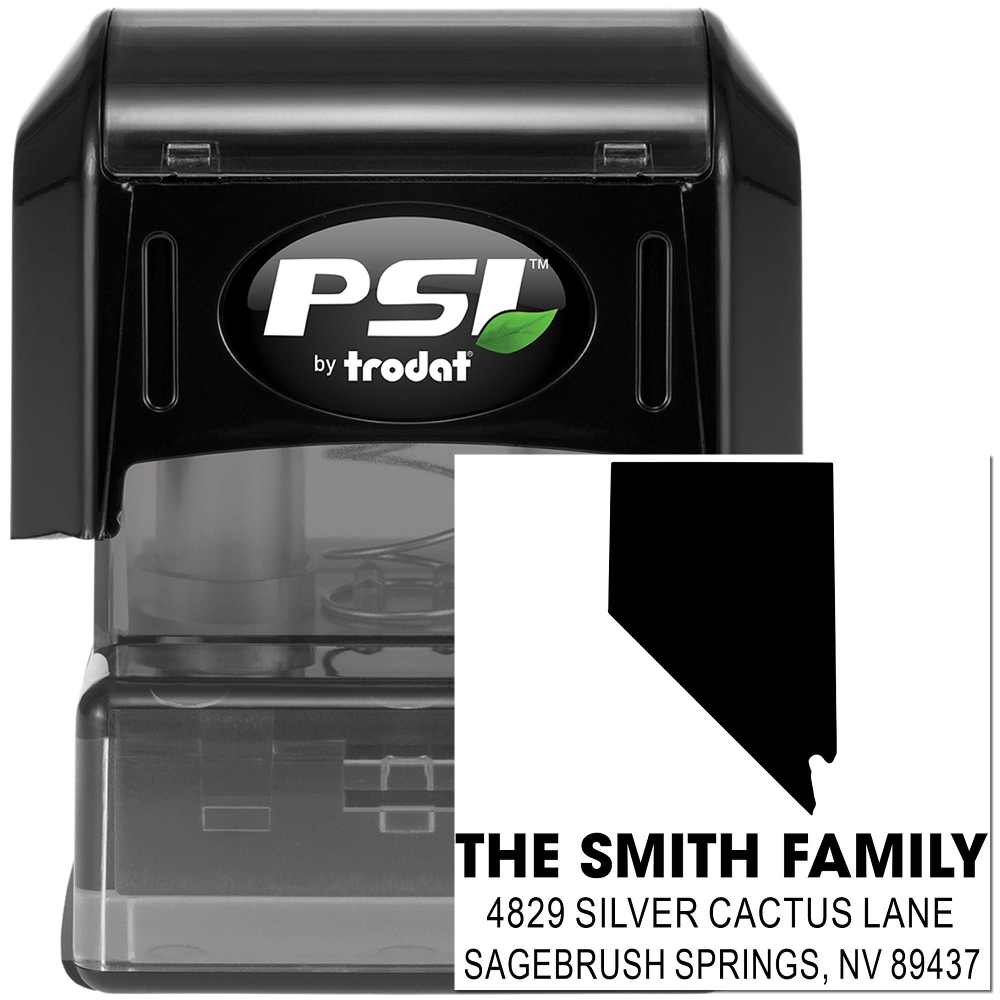Custom self-inking address rubber stamp, PSI by Trodat, featuring The Smith Family return address for mailing envelopes.