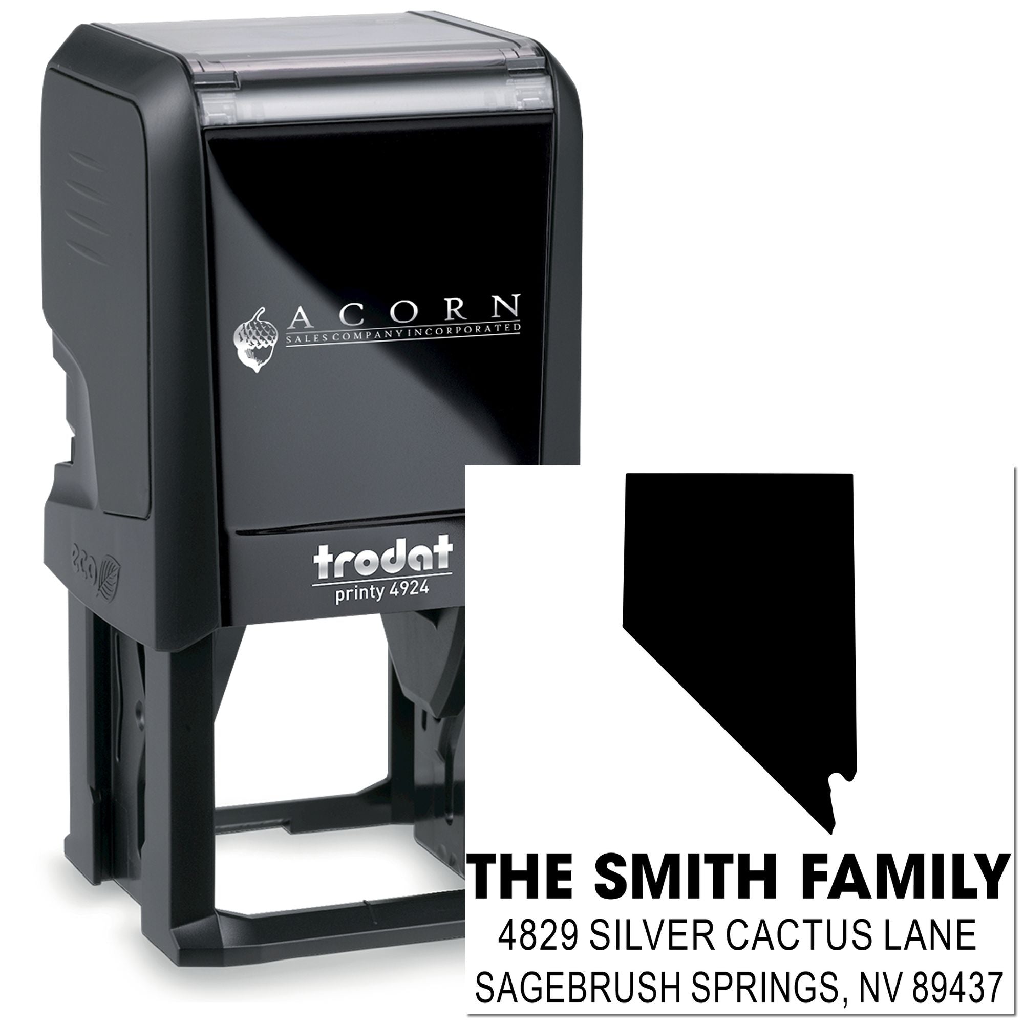 Custom self-inking rubber address stamp for the Smith family, featuring Nevada return address for envelopes and mailings.