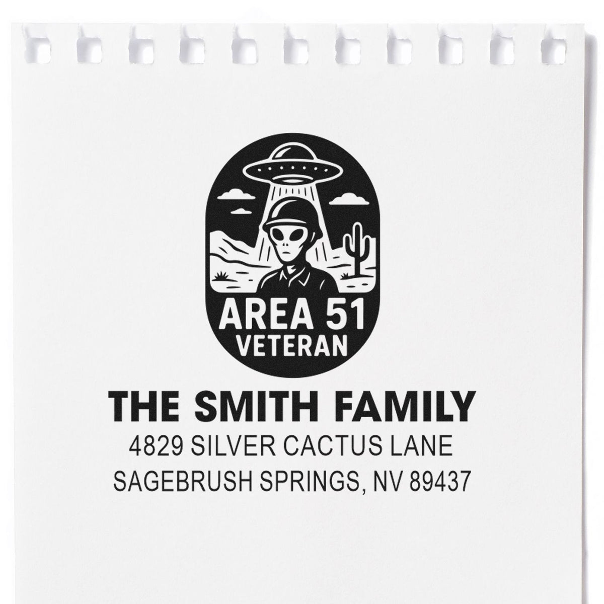 Custom Area 51 Veteran return address rubber stamp for The Smith Family, featuring name and Sagebrush Springs, NV address.