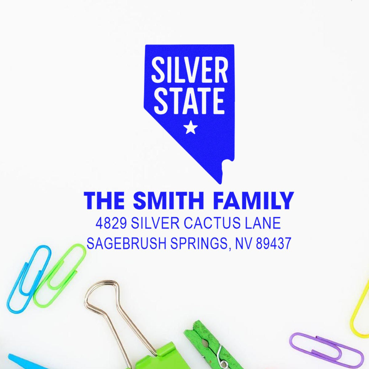 Custom Nevada return address rubber stamp for The Smith Family with Silver State design and Sagebrush Springs, NV 89437.