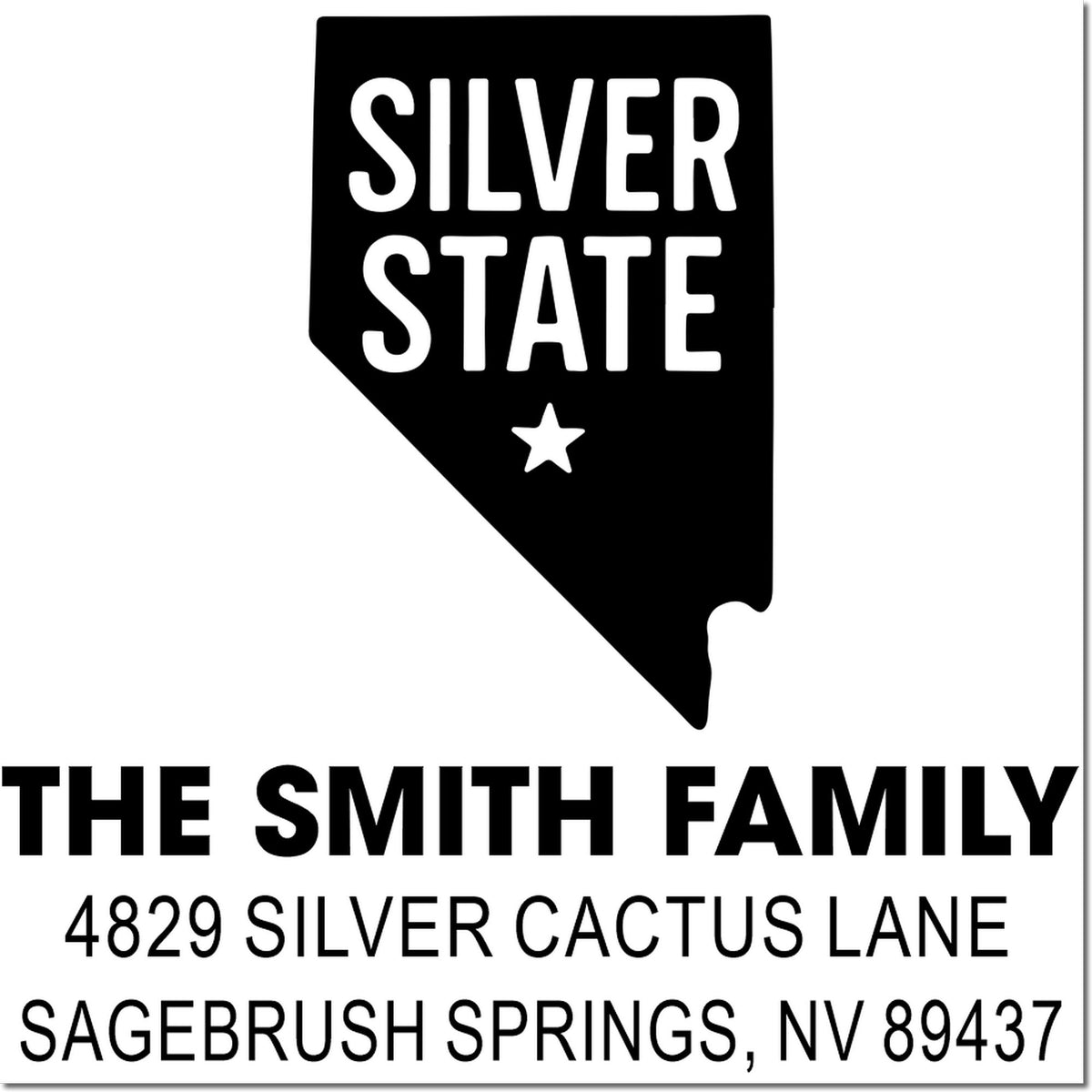 Custom Nevada return address rubber stamp for The Smith Family, 4829 Silver Cactus Lane, Sagebrush Springs, NV 89437