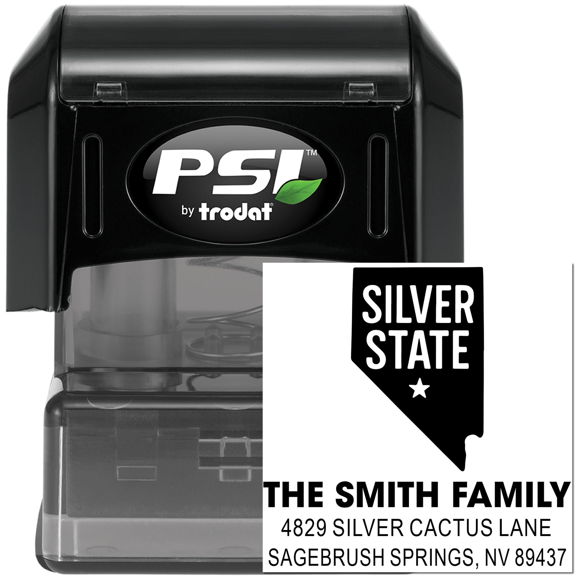 PSI by Trodat self-inking custom rubber stamp with Silver State Nevada family return address design