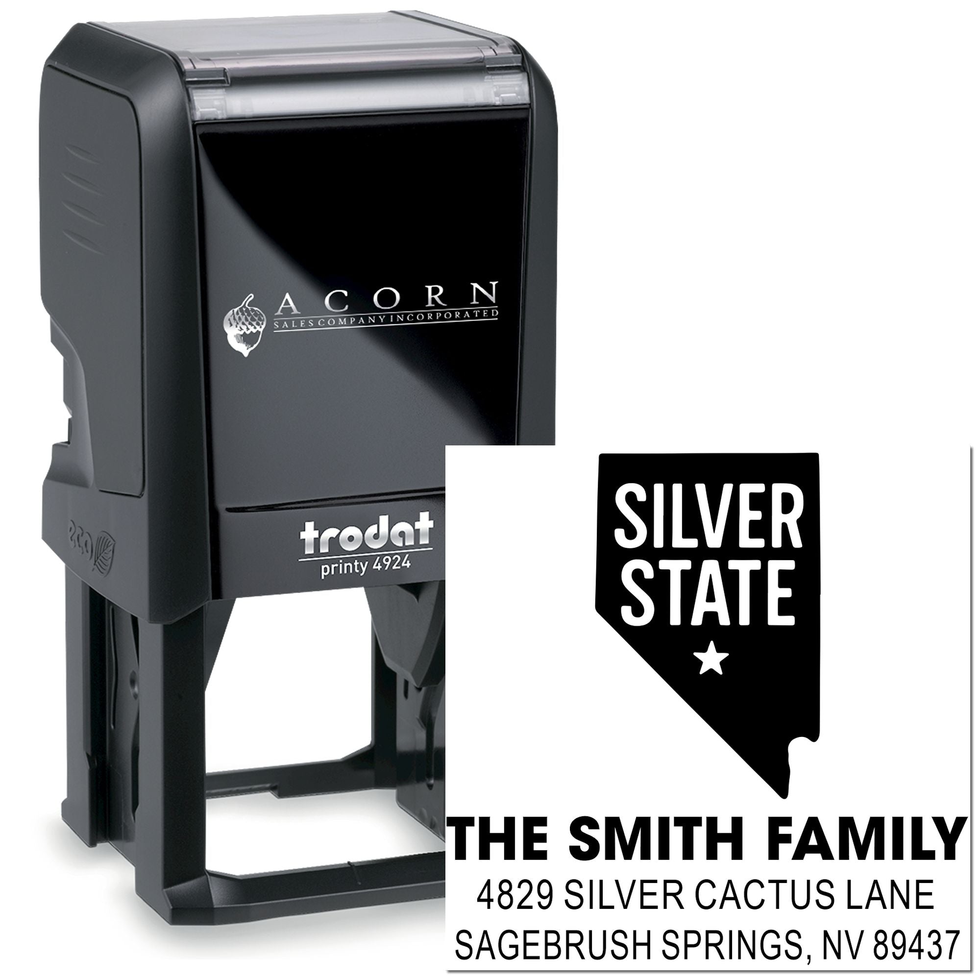 Custom Nevada state address rubber stamp with Silver State design for The Smith Family mailing address.