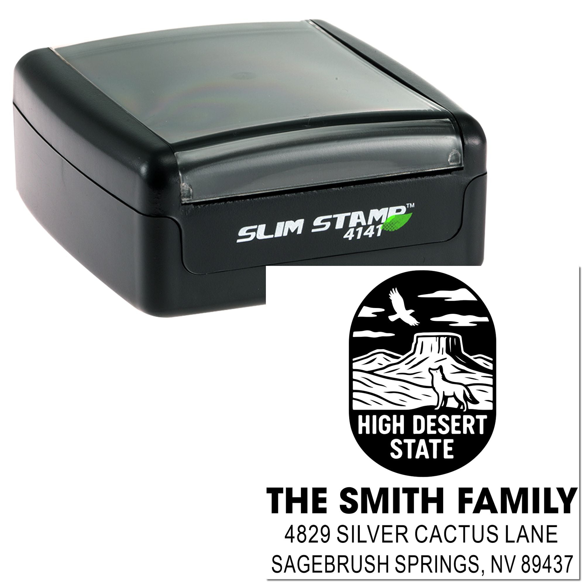 Custom self-inking rubber stamp with High Desert State return address design for personalized mailing and family correspondence.