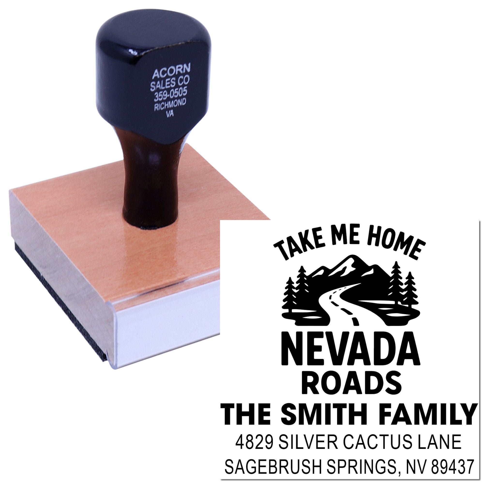 Custom self-inking rubber stamp with Nevada family address and Take Me Home Nevada Roads design for personalized mailings.