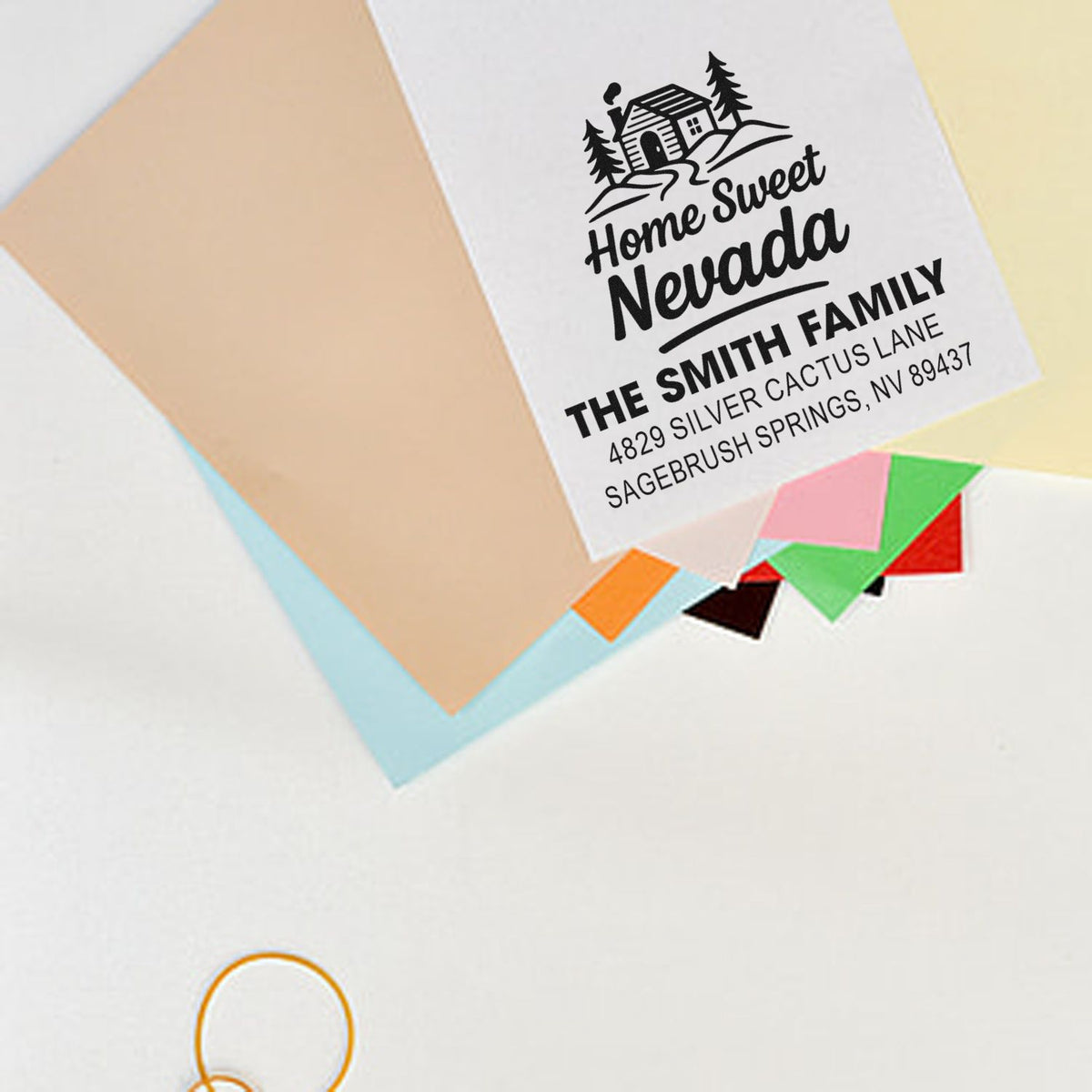 Custom return address rubber stamp with Home Sweet Nevada design for The Smith Family.