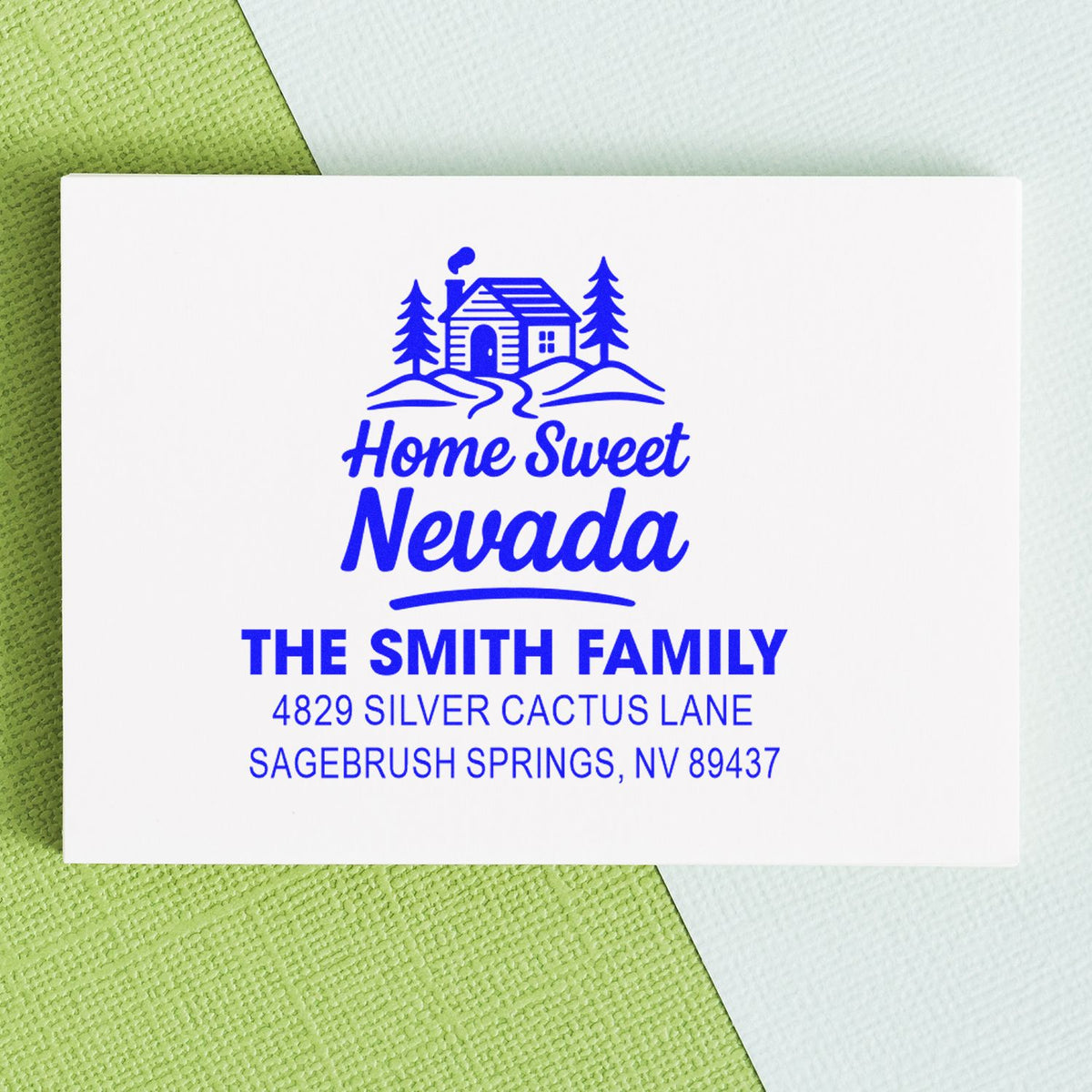 Custom return address rubber stamp with Home Sweet Nevada design for The Smith Family in Sagebrush Springs, NV.