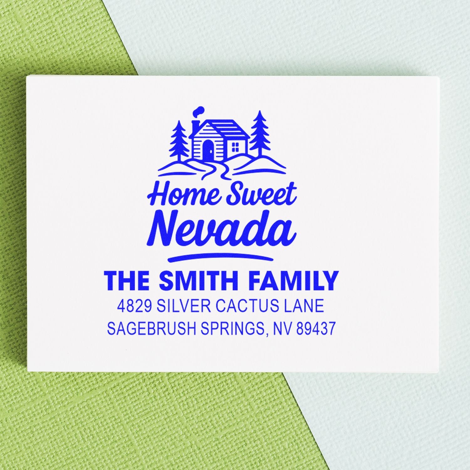 Custom return address rubber stamp for The Smith Family, Home Sweet Nevada, Sagebrush Springs, NV 89437.
