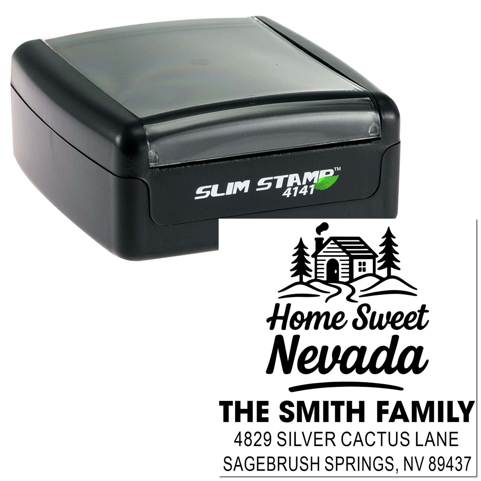 Slim Stamp self-inking rubber stamp with custom Home Sweet Nevada family address design for mailing and home branding