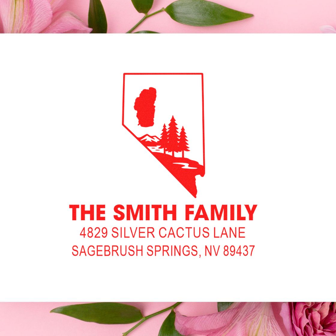 Custom Nevada return address rubber stamp for The Smith Family, with state outline, trees, and Sagebrush Springs, NV address.