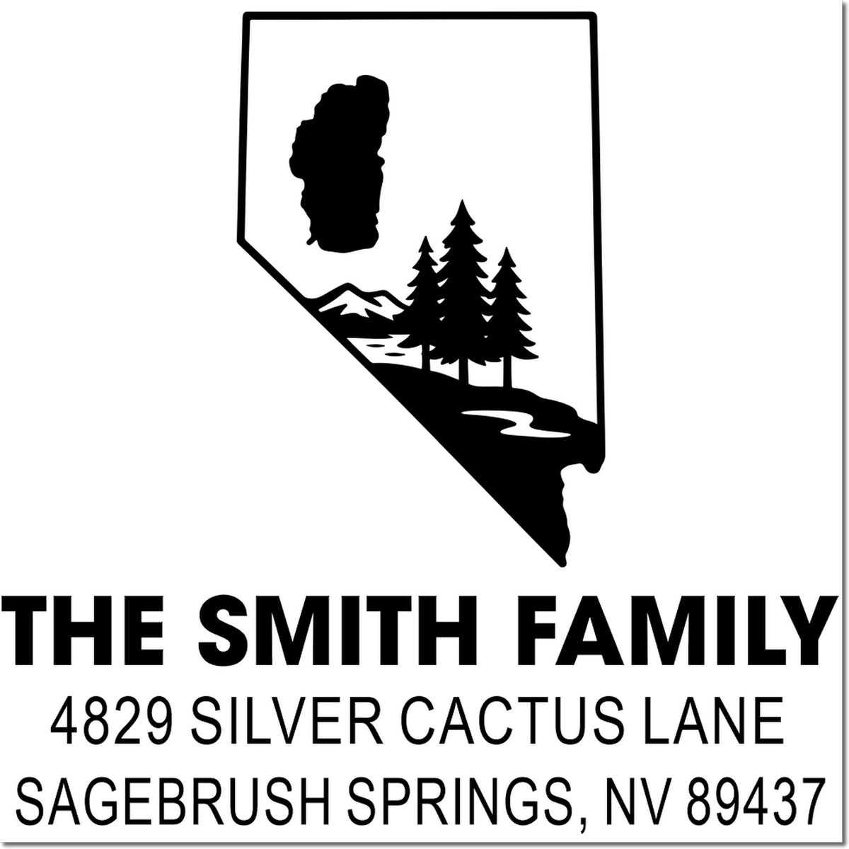 Custom Nevada return address rubber stamp for The Smith Family, 4829 Silver Cactus Lane, Sagebrush Springs, NV 89437
