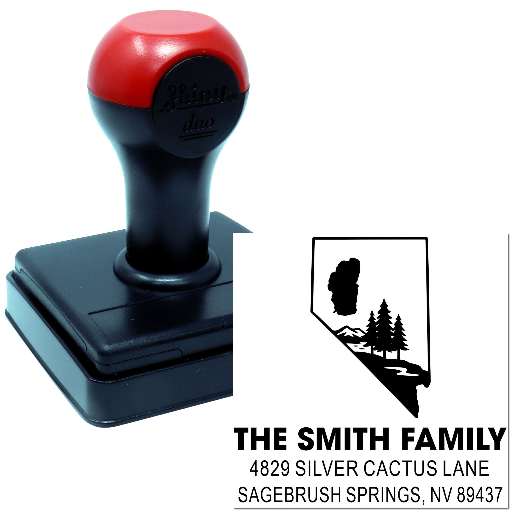 Custom self-inking return address rubber stamp with Nevada mountain design for The Smith Family