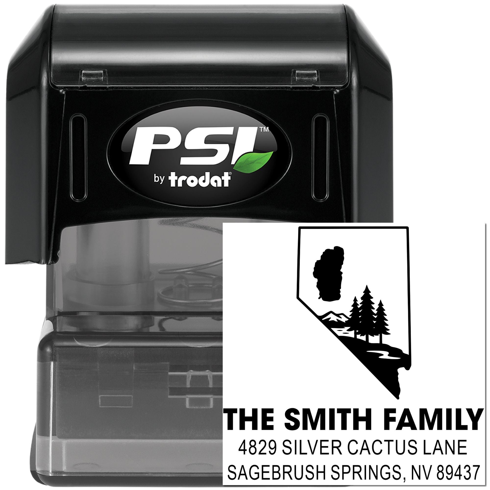 Self-inking custom rubber address stamp with Nevada family design, name and mailing address for personalized envelopes