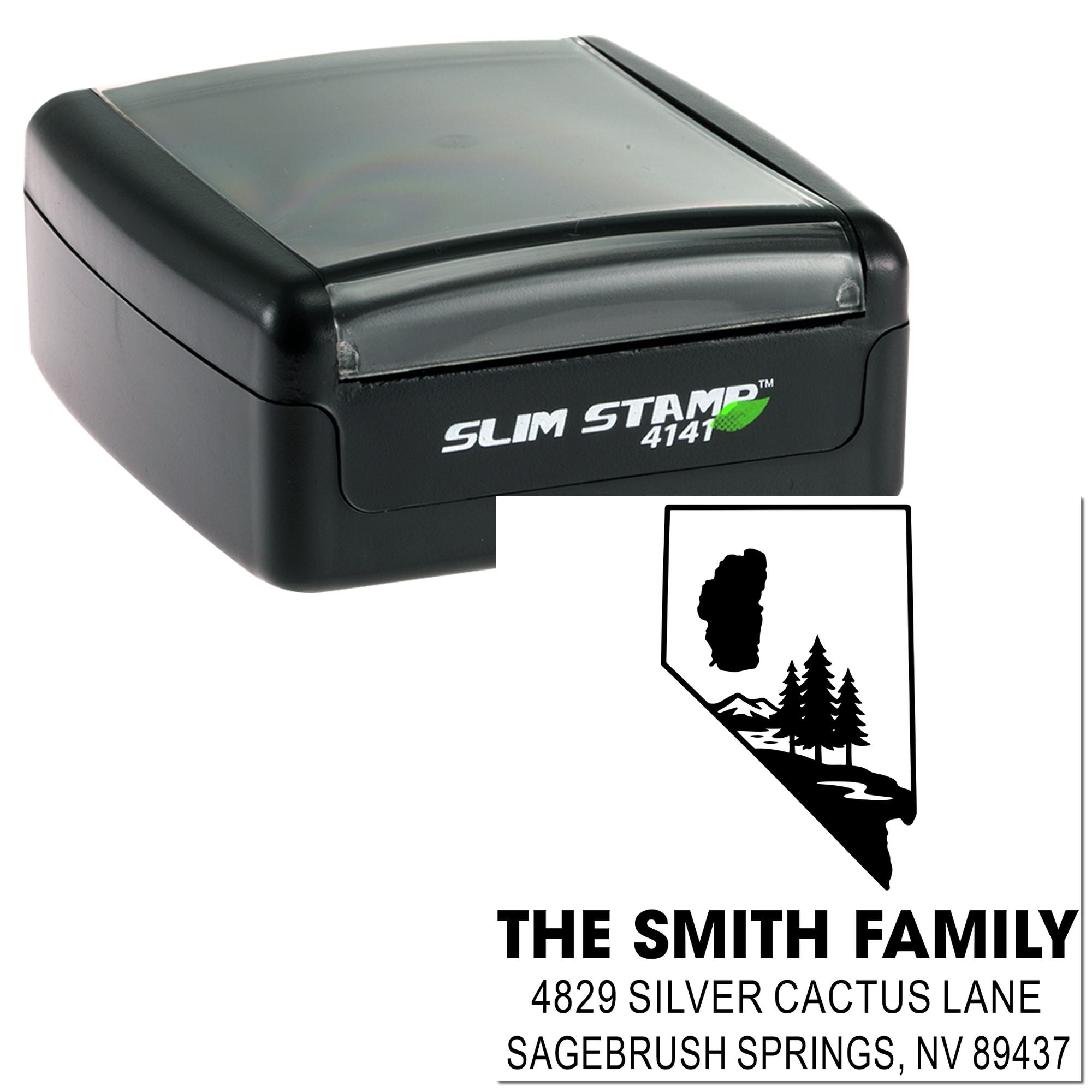 Custom slim self-inking rubber address stamp with Nevada family name, state silhouette, and return address.