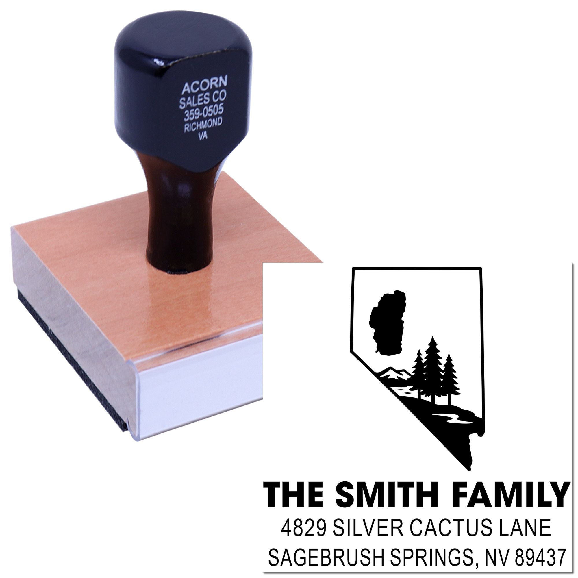 Personalized return address rubber stamp with Nevada state outline, family name, and custom mailing address.