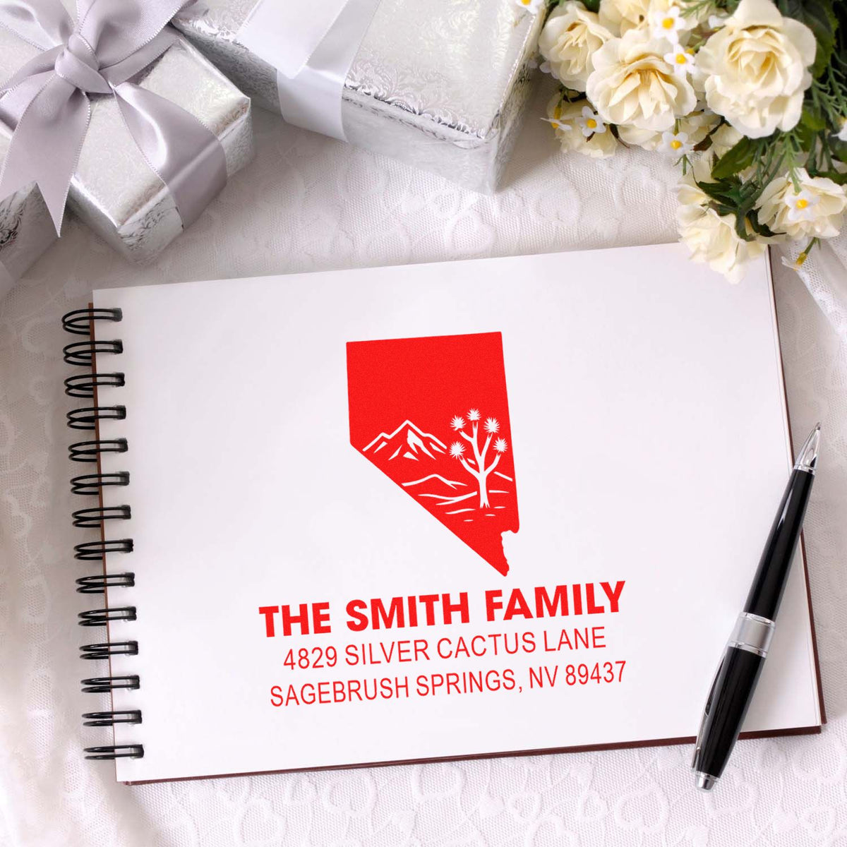 Custom Nevada family address rubber stamp for personalized return address stationery, wedding invitations, and gifts.