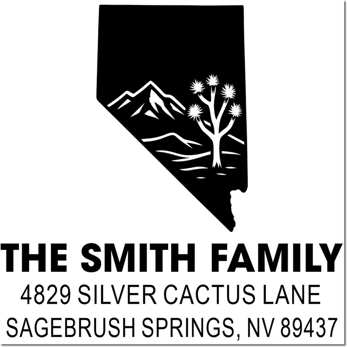 Custom Nevada return address rubber stamp for The Smith Family, 4829 Silver Cactus Lane, Sagebrush Springs, NV 89437.