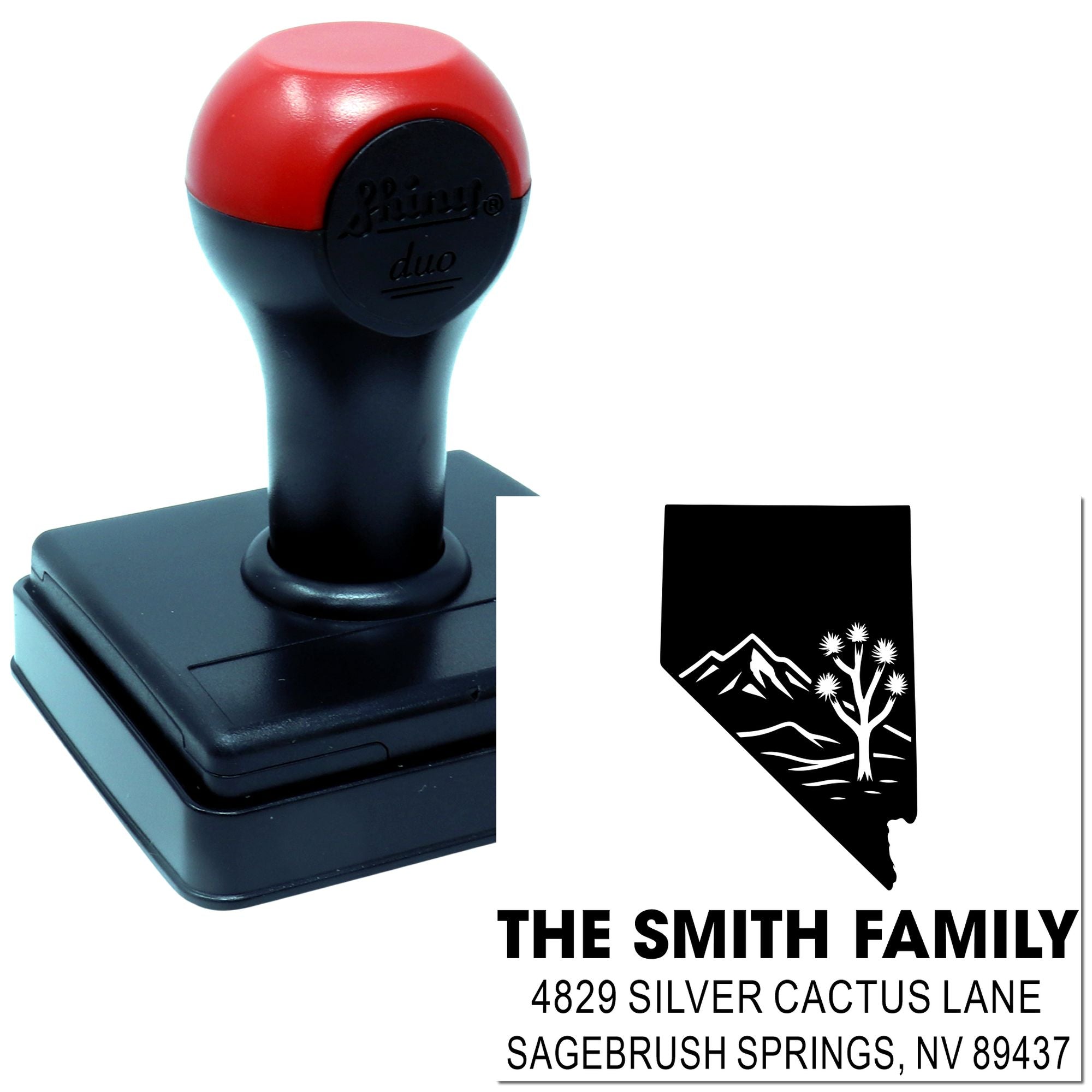 Custom self-inking rubber address stamp for The Smith Family, featuring a desert-themed Nevada return address design.