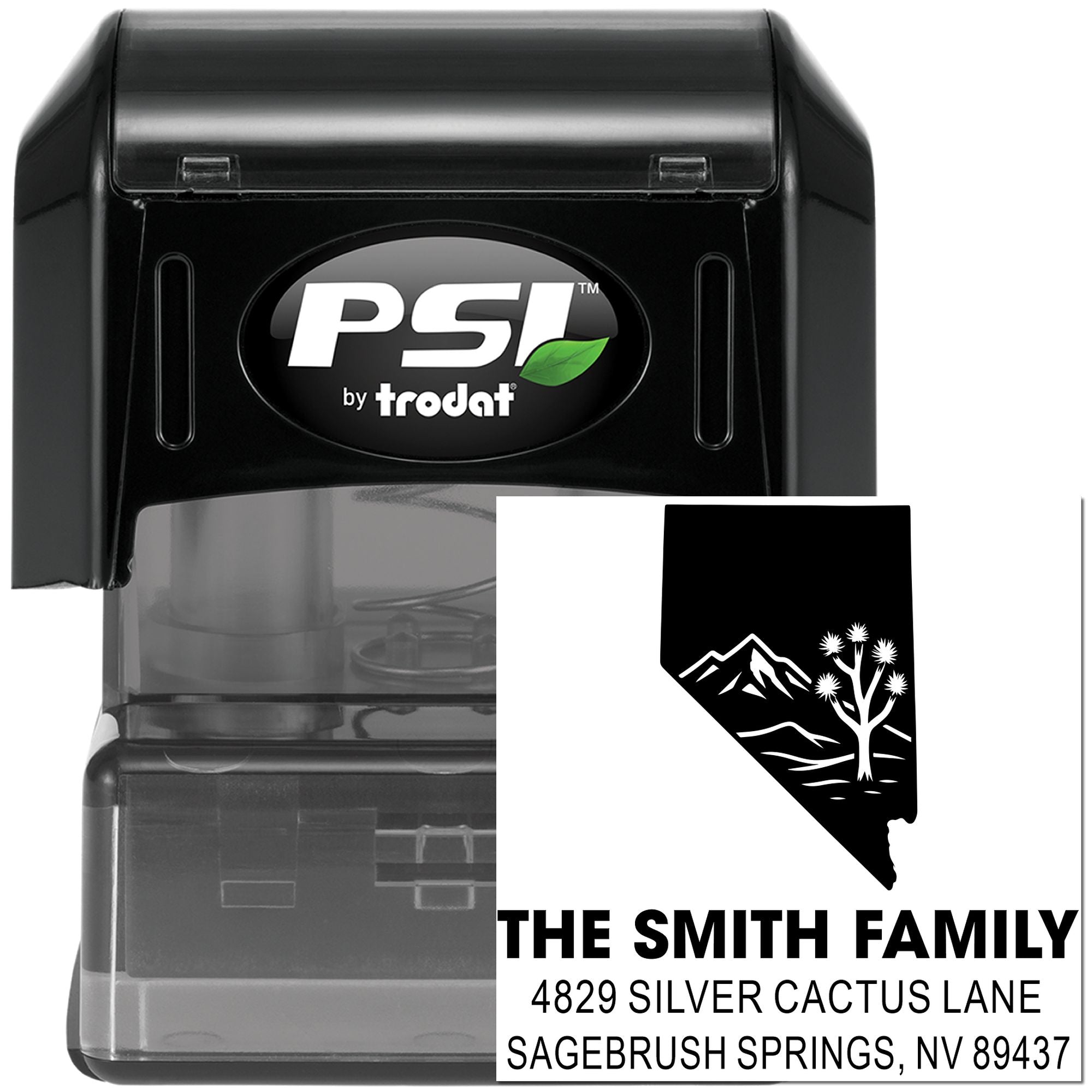 Custom self-inking address rubber stamp by PSI Trodat with Nevada family name and address design.