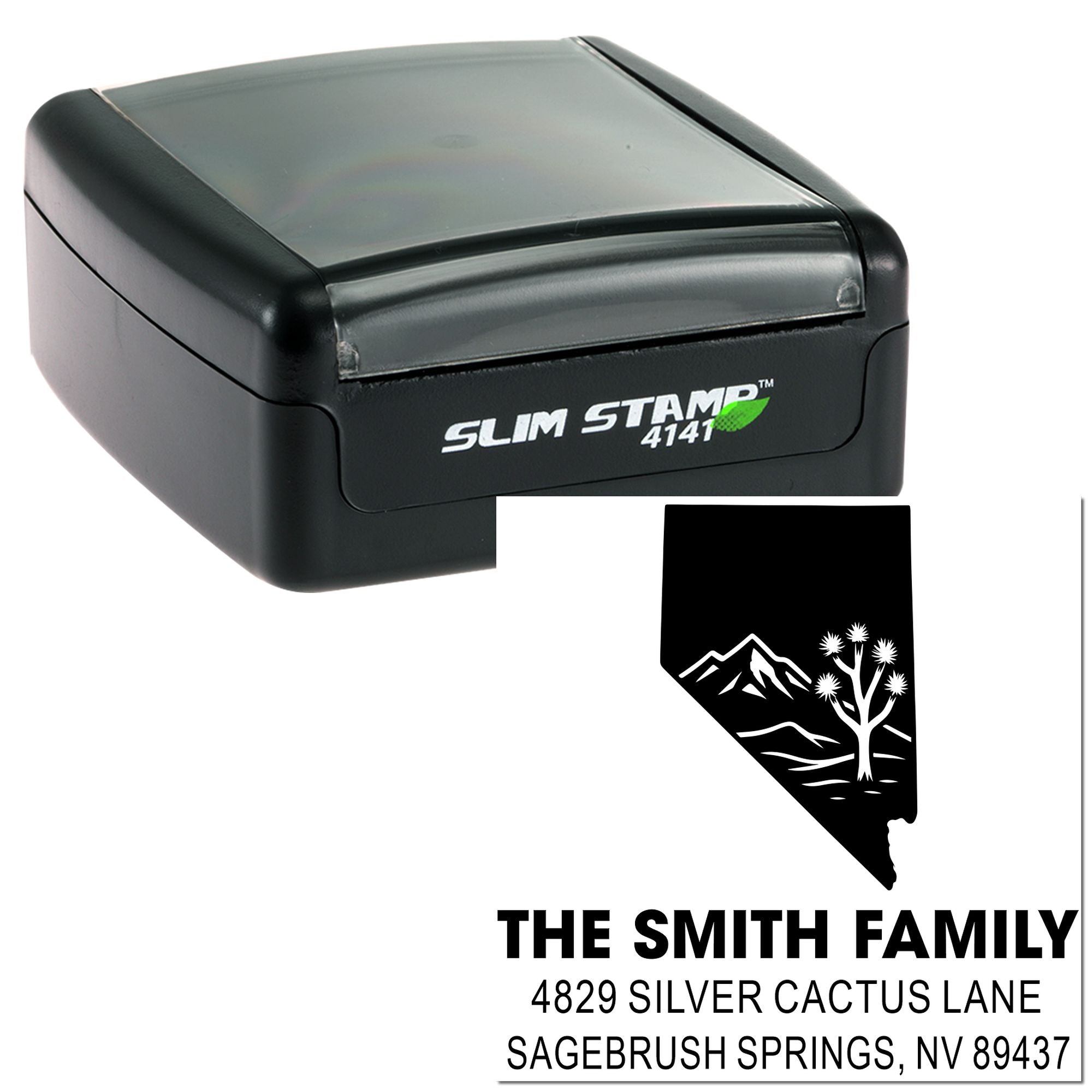 Custom self-inking Nevada address rubber stamp with Slim Stamp 4141 case and Smith Family return address.