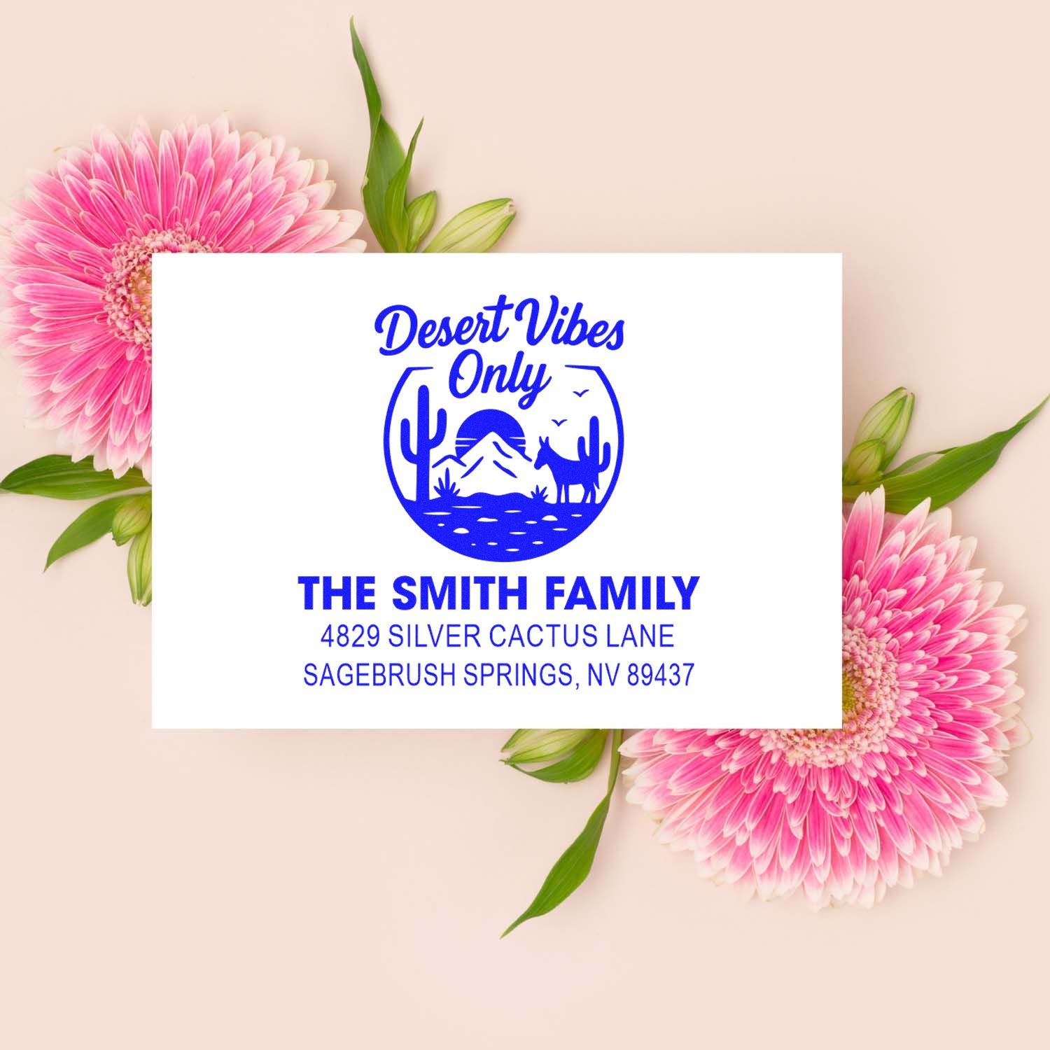 Custom desert-themed return address rubber stamp for The Smith Family with cactus design and Sagebrush Springs, NV address.