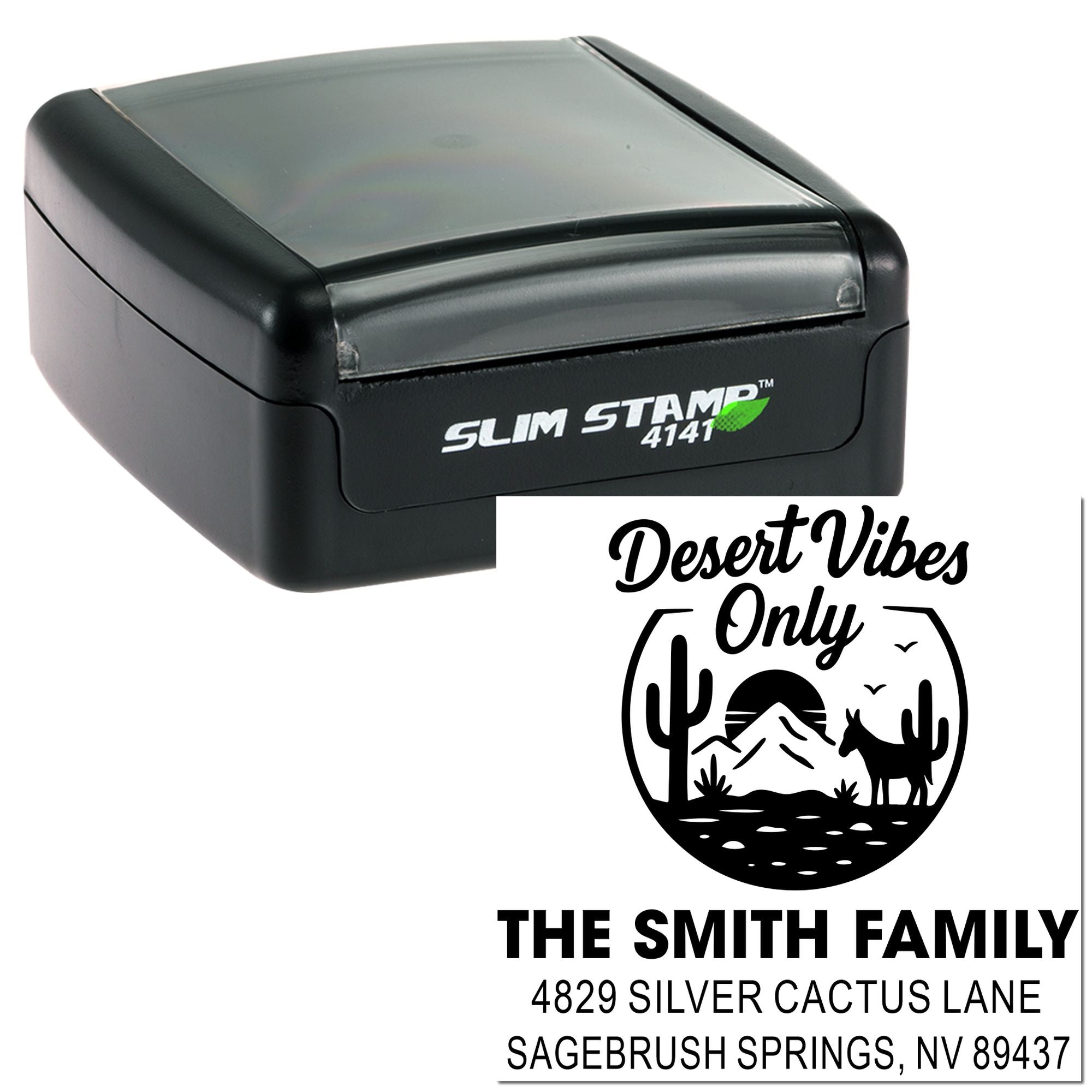 Custom return address rubber stamp with Desert Vibes Only family design for personalized mail and envelopes.