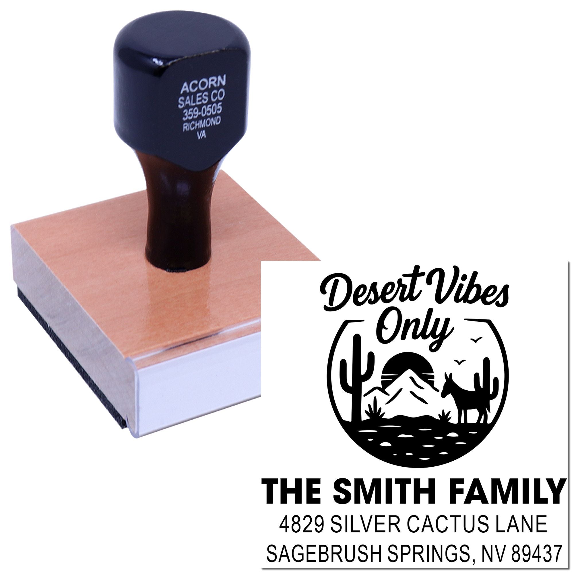 Custom rubber stamp with Desert Vibes Only design and Smith family return address for personalized mailing and stationery.