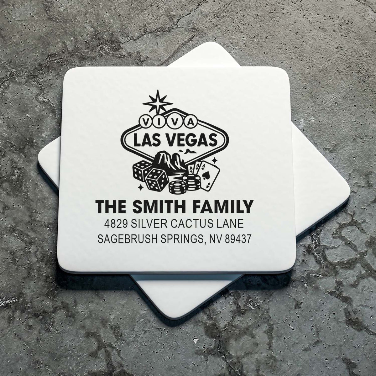 Custom Las Vegas return address rubber stamp for The Smith Family with Viva Vegas design and personalized home address.