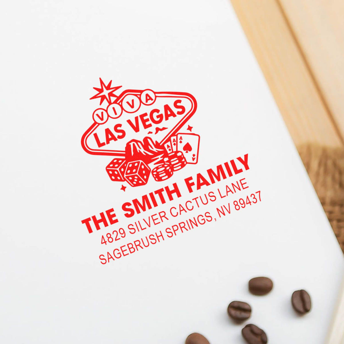 Custom rubber stamp impression with Viva Las Vegas design, The Smith Family name, and return address imprint.