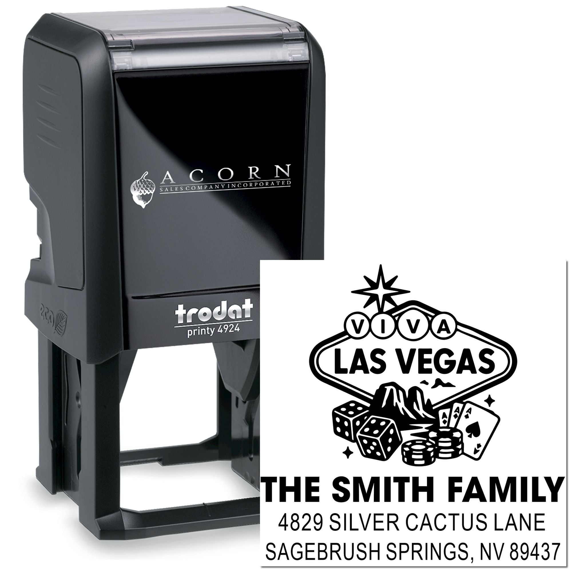 Trodat Printy 4924 custom self-inking rubber address stamp with Las Vegas family return address design.