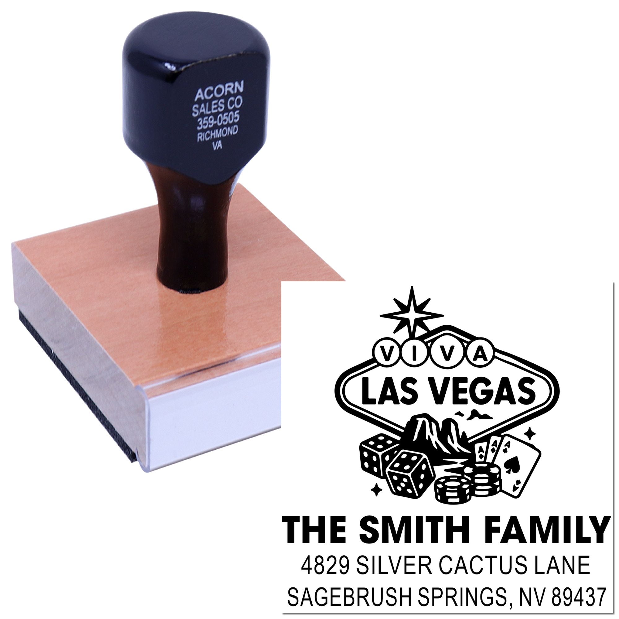 Custom rubber address stamp with Las Vegas family return address design for mailing and personal correspondence.