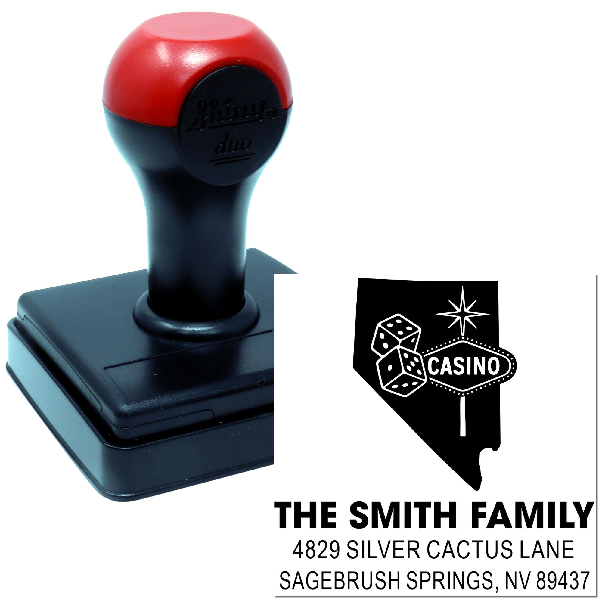 Custom casino address rubber stamp with dice design for The Smith Family, Sagebrush Springs, NV.