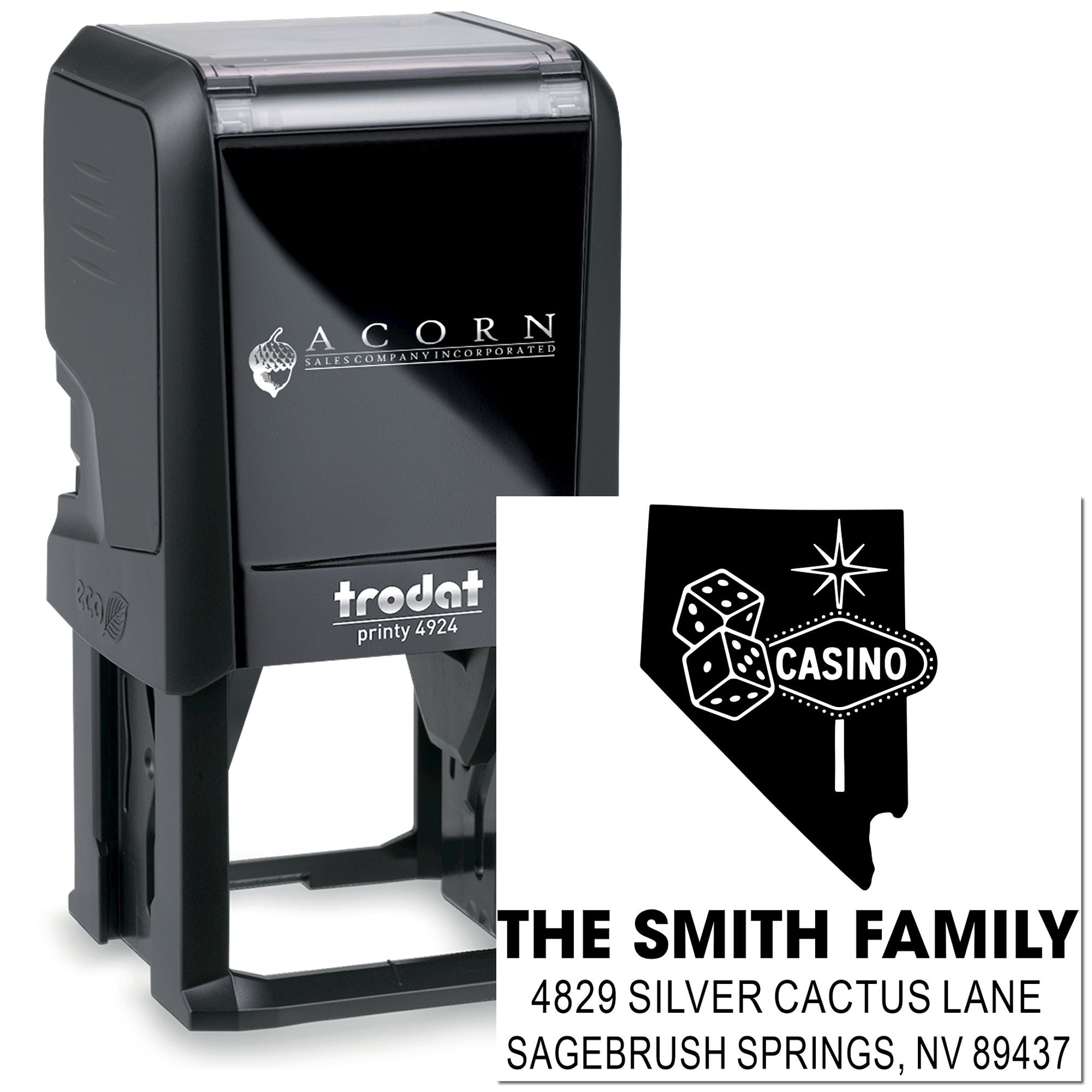 Trodat Printy 4924 self-inking rubber stamp with Nevada casino return address design for The Smith Family.