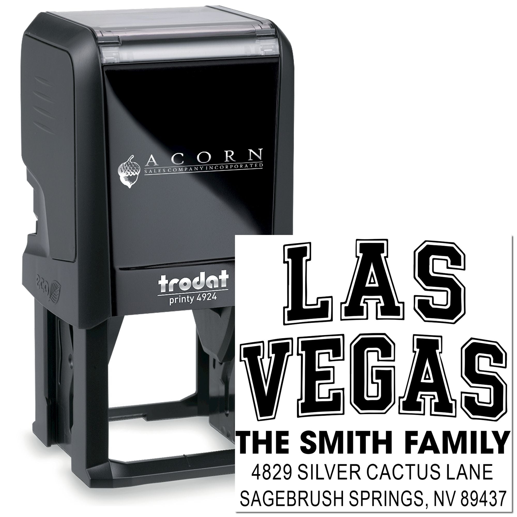 Custom self-inking rubber address stamp, Trodat Printy 4924, with Las Vegas family name imprint for personalized mail.