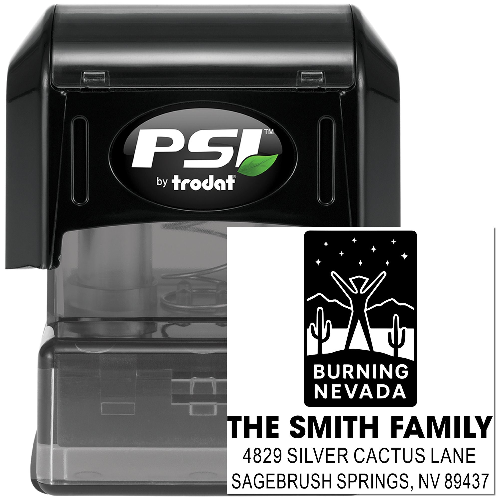 Custom self-inking rubber address stamp with Burning Nevada logo for The Smith Family, Sagebrush Springs, NV