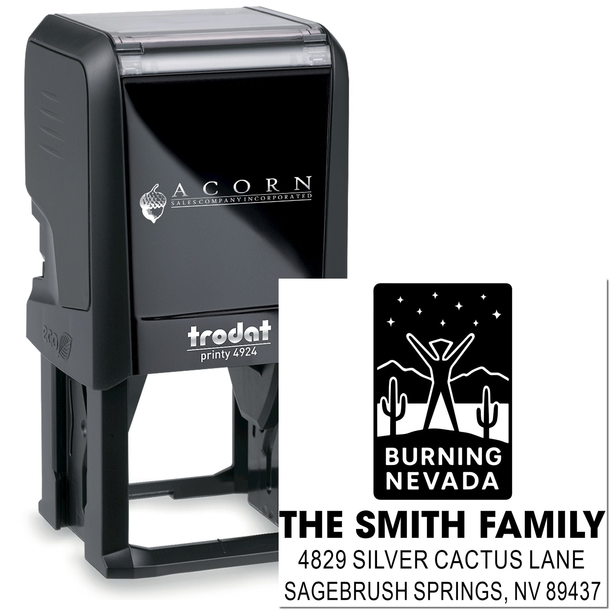 Custom self-inking rubber address stamp with Burning Nevada logo and The Smith Family return address, ideal for personalized mail.