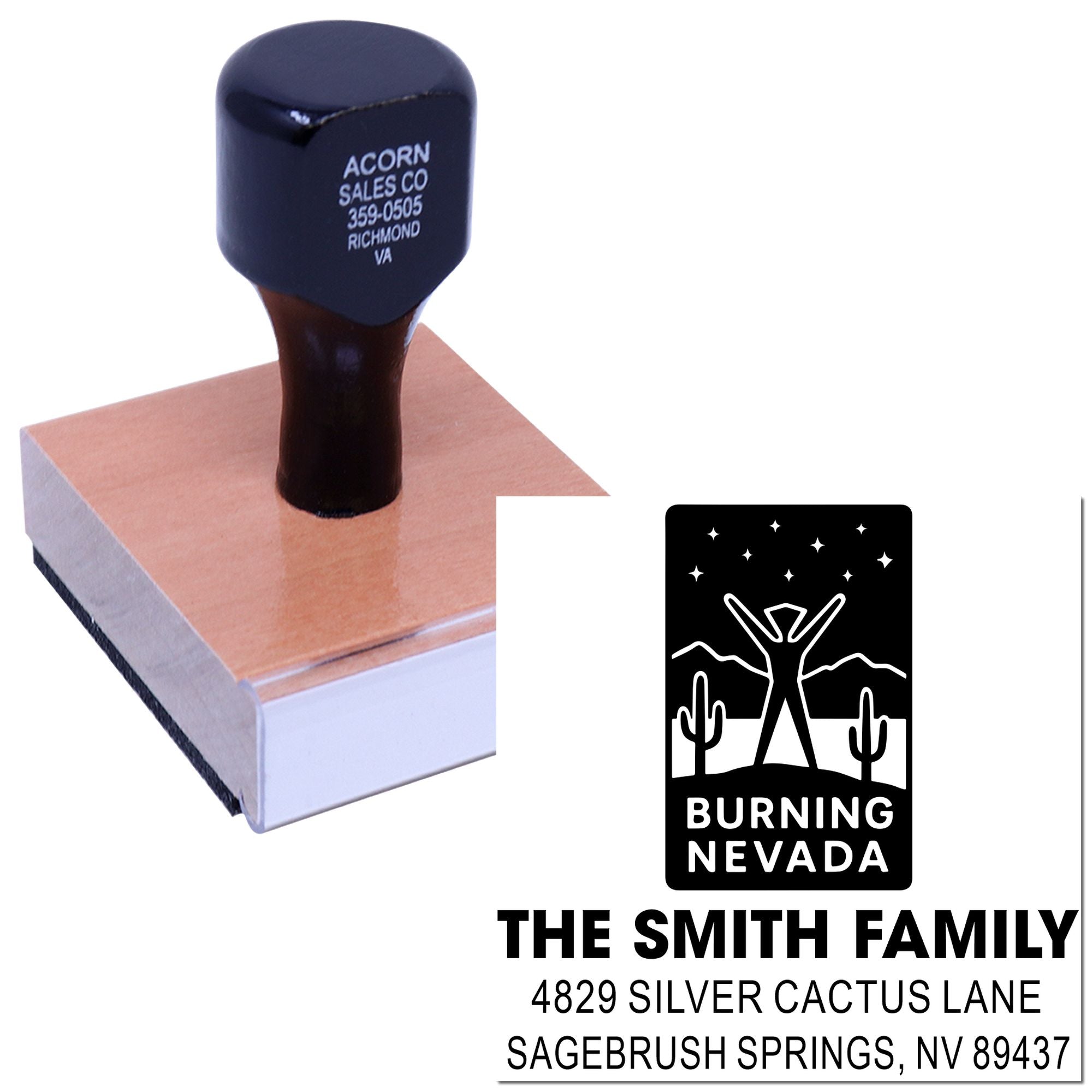 Custom return address rubber stamp with family logo, name, and address for personalized mailing.