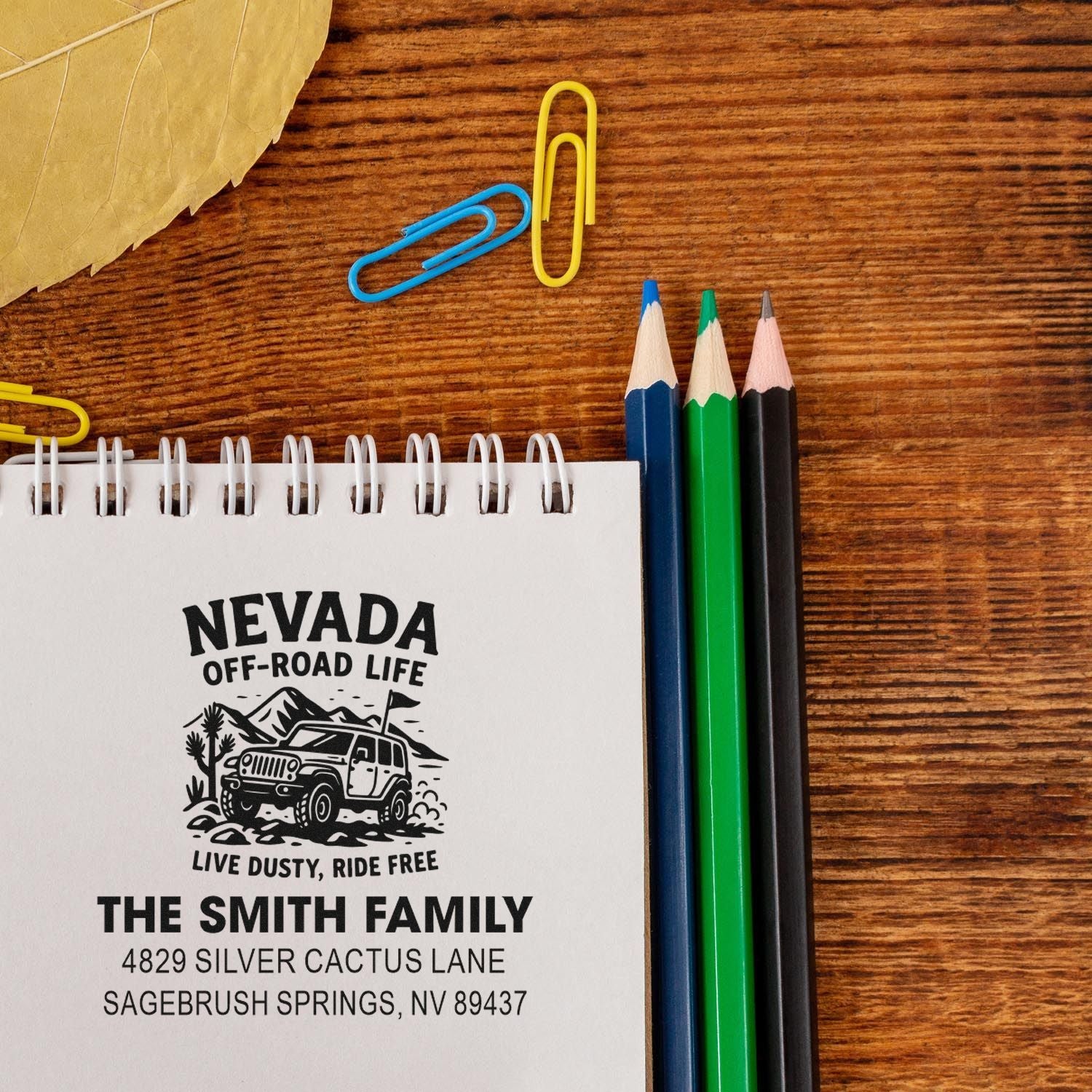 Custom rubber address stamp with Nevada off-road life design and The Smith Family mailing address