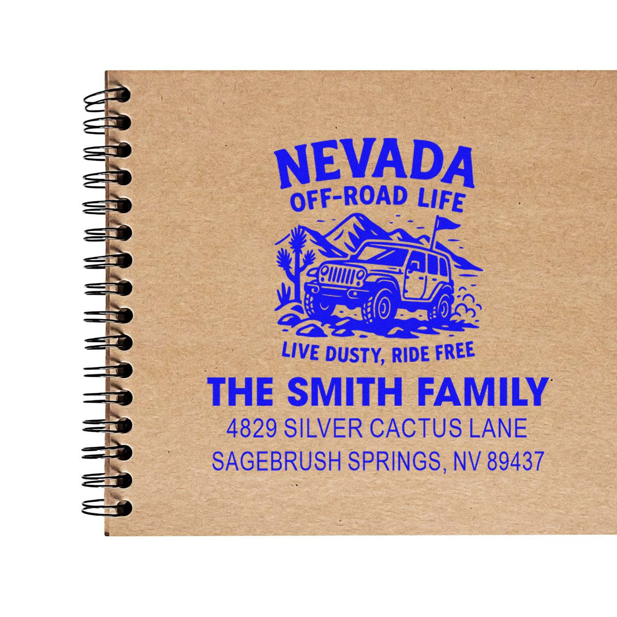Personalized return address rubber stamp with Nevada off-road Jeep design for The Smith Family on kraft paper notebook.