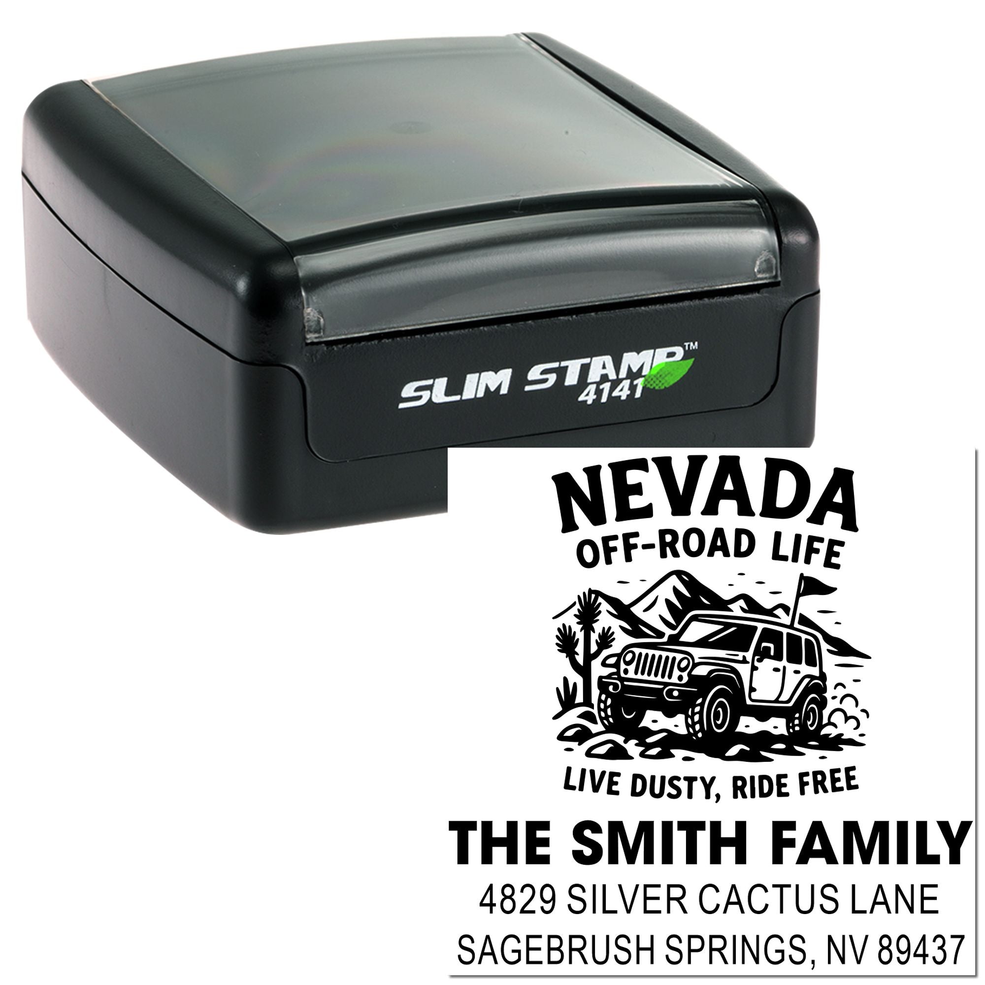 Custom self-inking rubber stamp with Nevada off-road life design, family name, and address for personalized mailing.