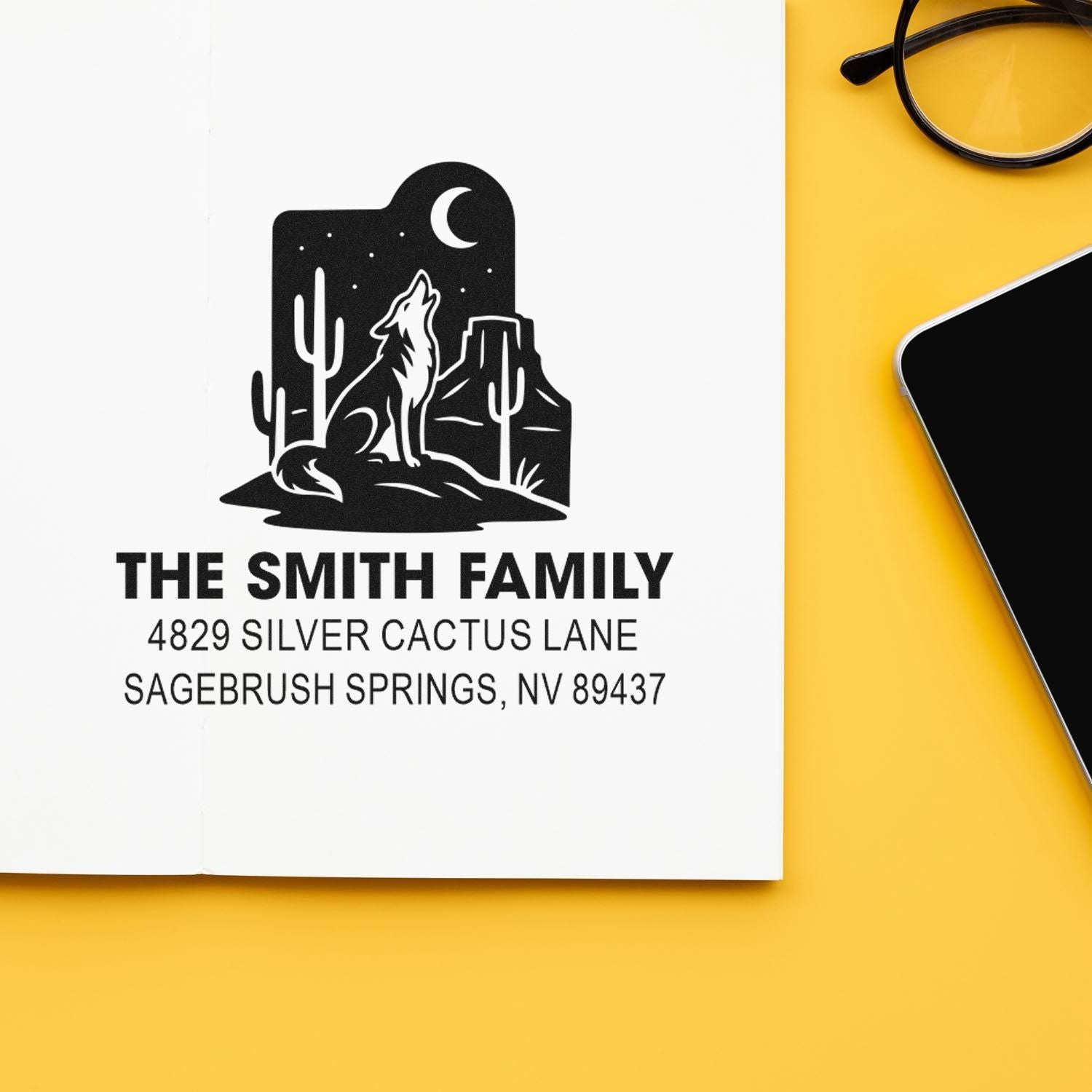 Personalized rubber stamp return address with desert wolf and cactus design for The Smith Family