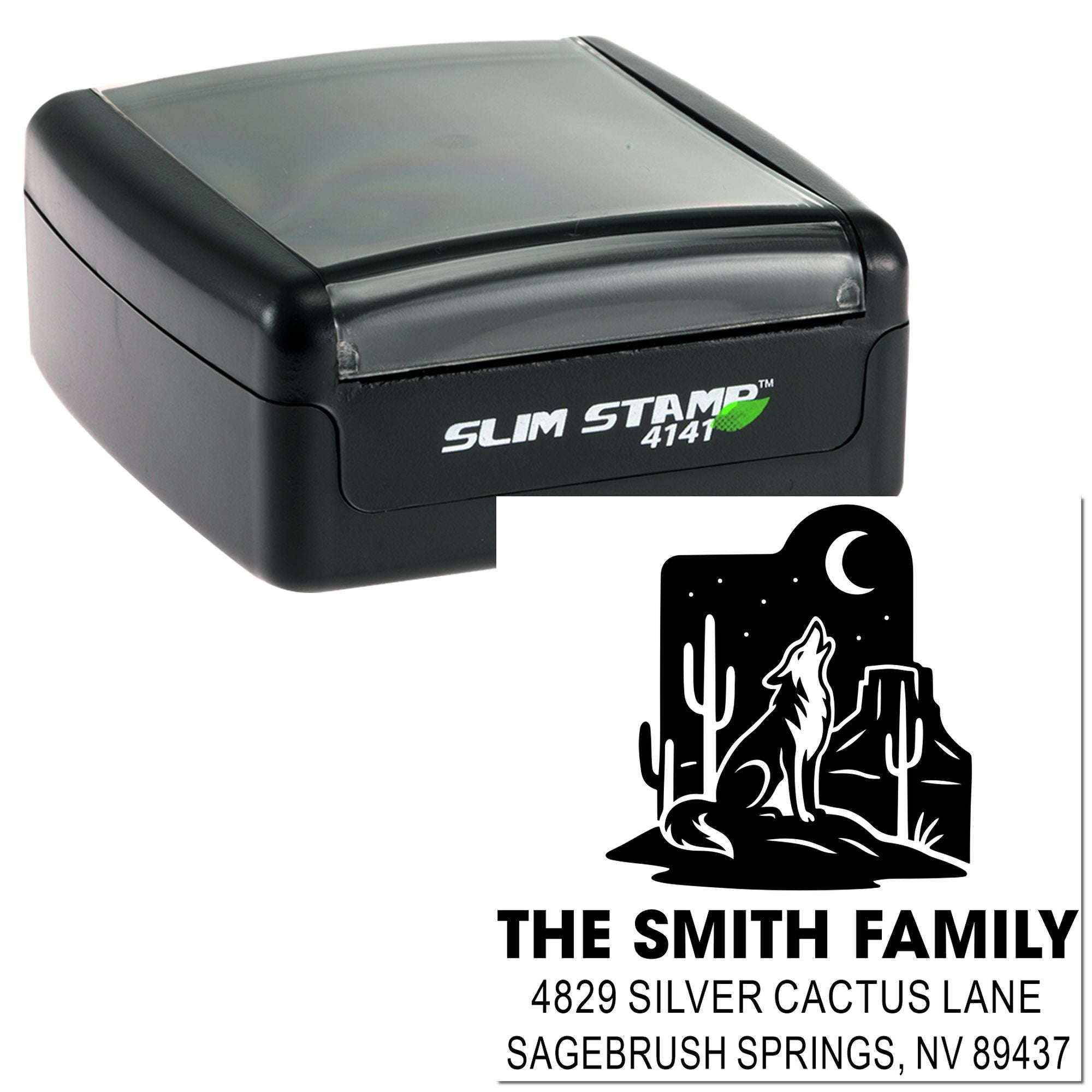 Slim Stamp 4141 self-inking custom rubber stamp with desert wolf return address design for The Smith Family.