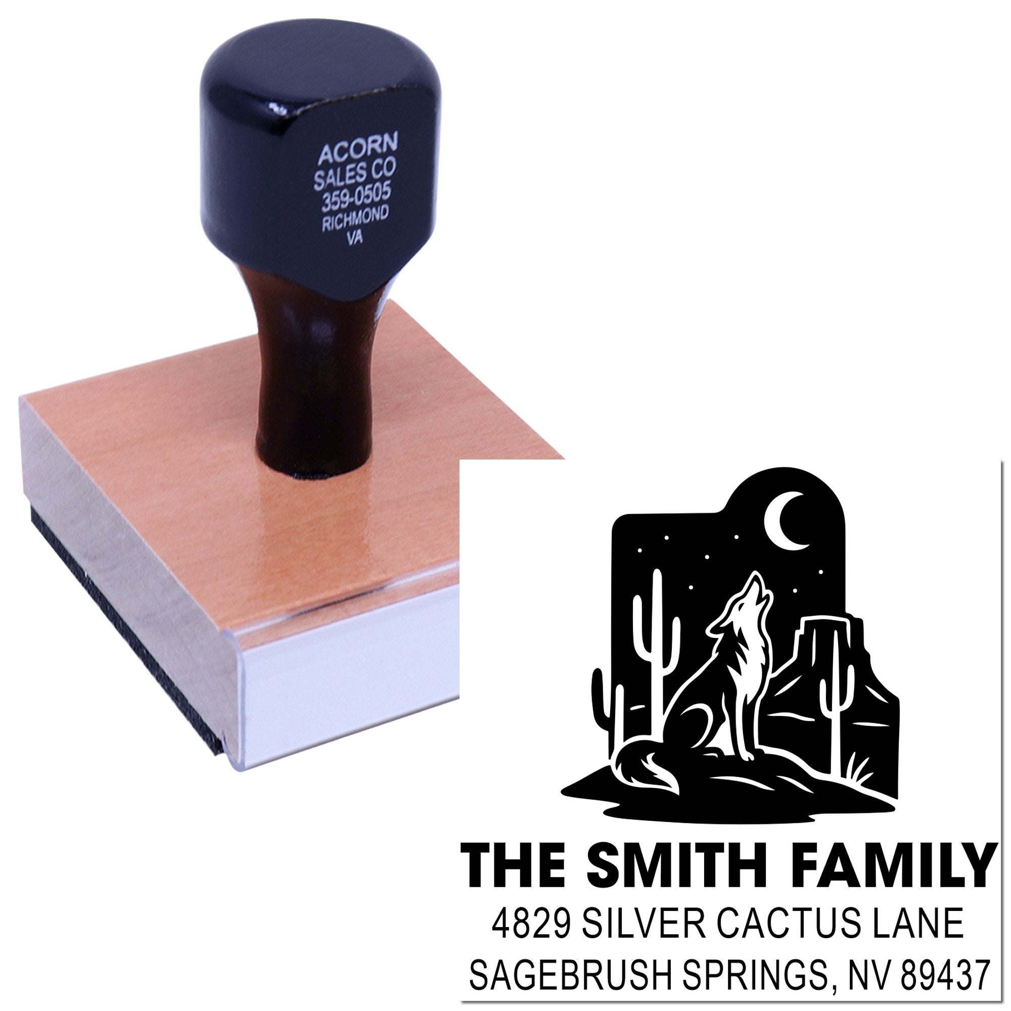 Personalized rubber address stamp with desert wolf design, showing family name and mailing address imprint.