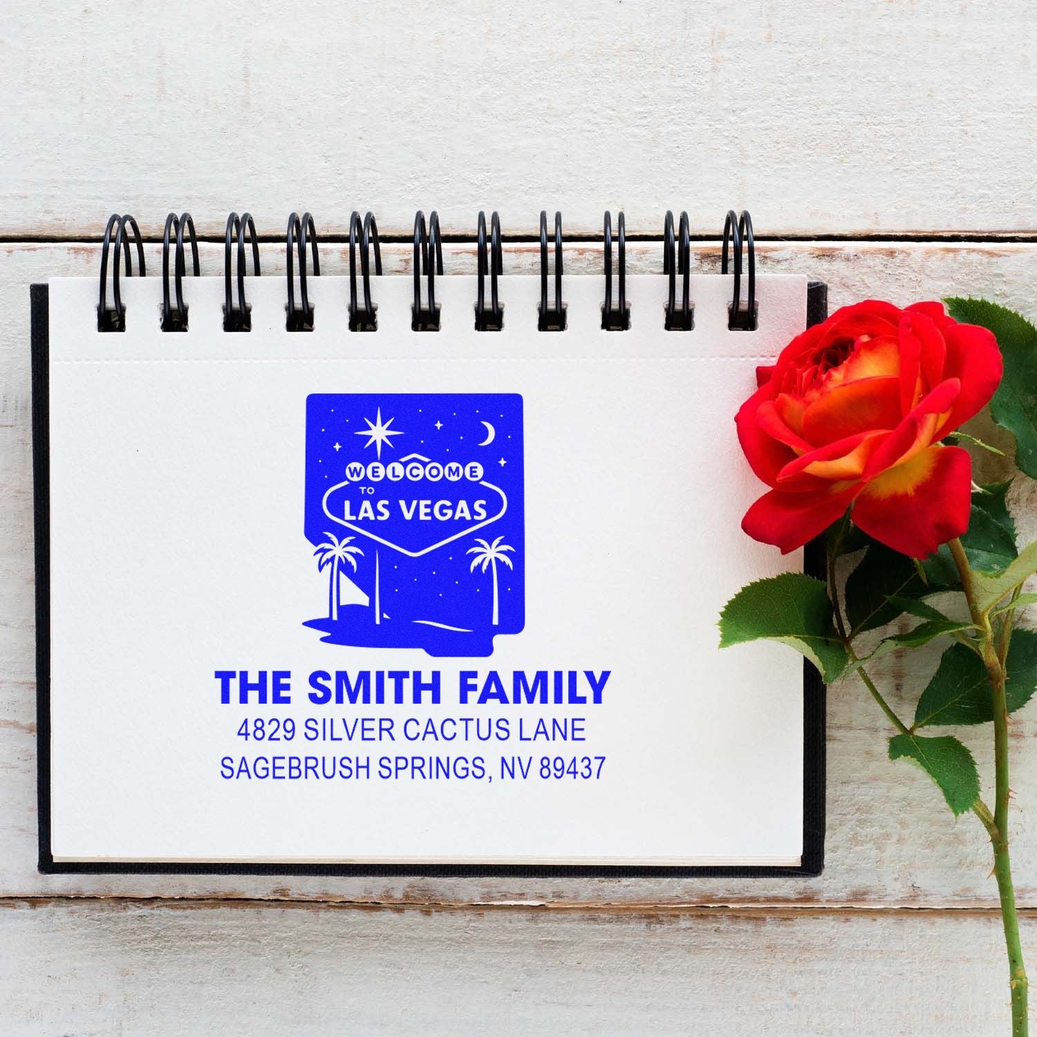 Personalized rubber stamp with Welcome to Las Vegas design and custom Smith family return address for stationery and mailings