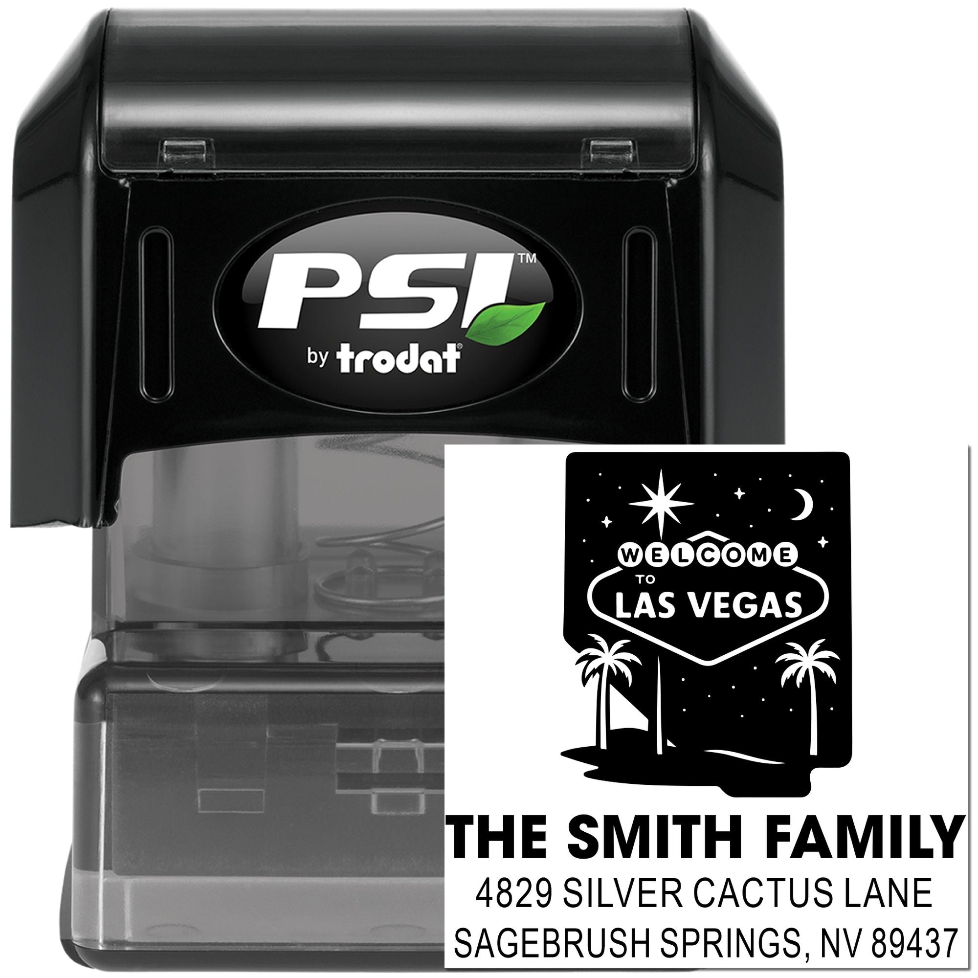 PSI by Trodat custom self-inking rubber stamp with Welcome to Las Vegas design and The Smith Family address stamp preview