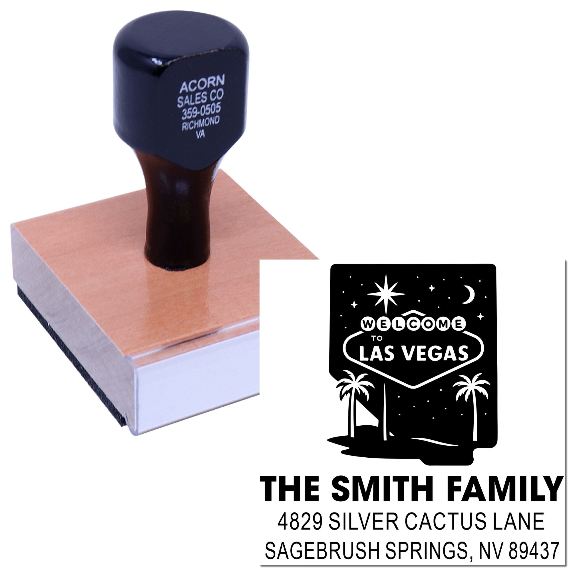 Custom rubber return address stamp with Las Vegas welcome design for personalized family mailings and envelopes.
